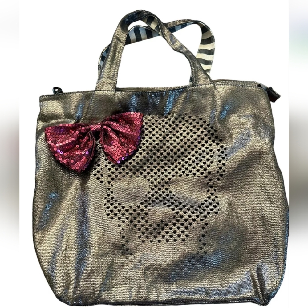 Betsey Johnson Metallic Betseyville Skull Tote with Sequin Pink Bow Heart